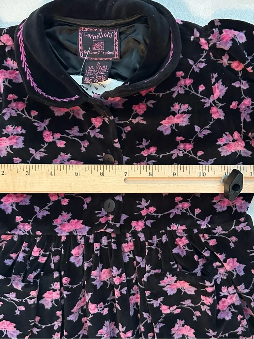 Vintage Cornelloki Cornell Trading Collared Velour Pink Floral Black Dress 2T